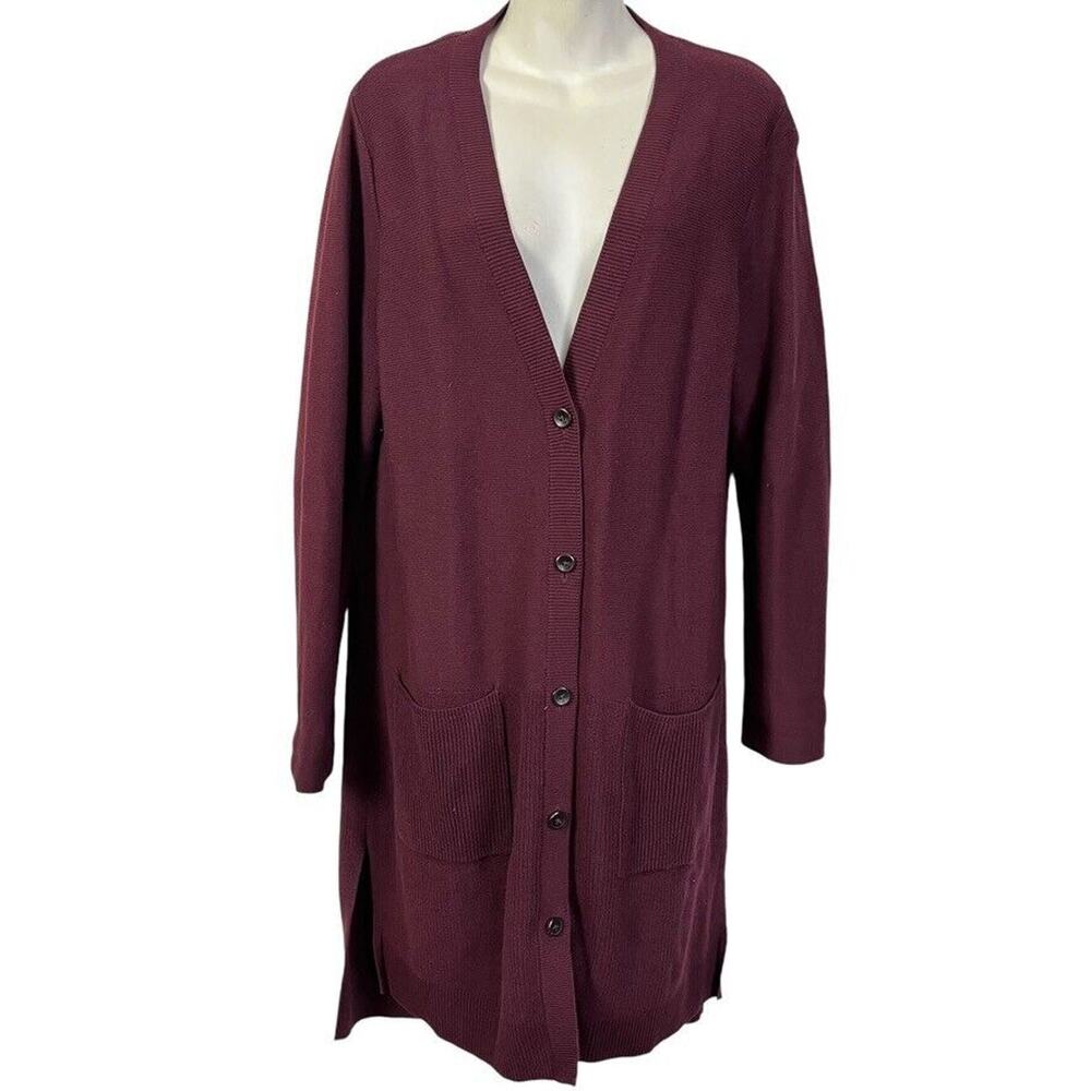 J Jill Womens Plum Longline V-Neck Cardigan Coatagin Cotton Pockets Sweater sz M